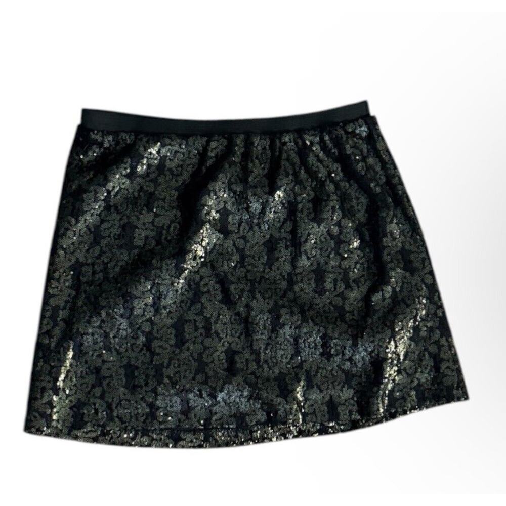 Joe afresh Dark Green Sequin Mini Skirt M Elastic Waist Polyester Lined Stretchy